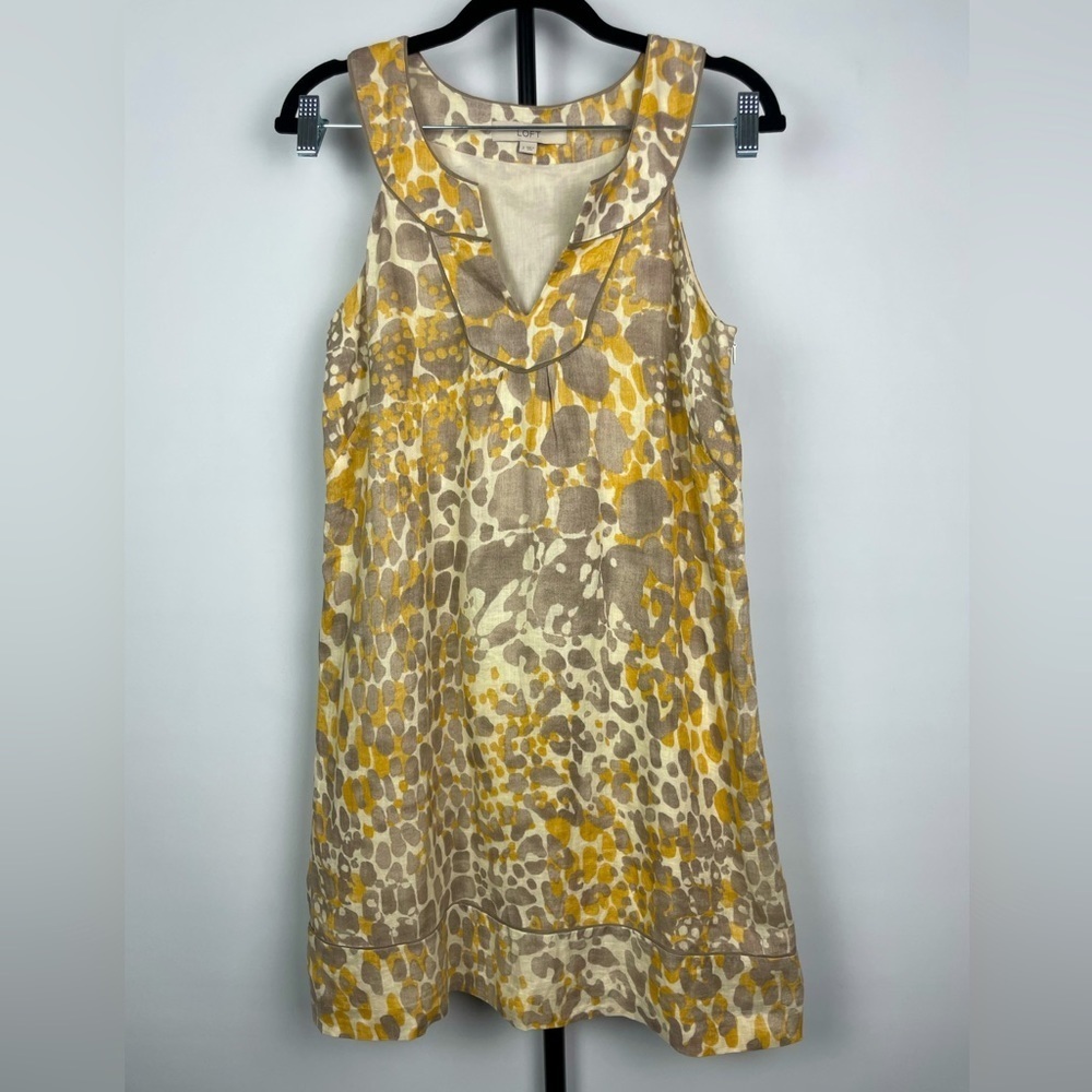 Ann Taylor Loft Gray Yellow Abstract Print‎ 100% Linen Sleeveless Tunic Dress